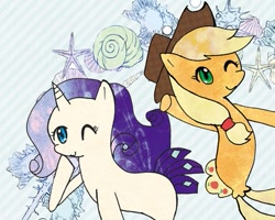 Size: 495x396 | Tagged: safe, artist:rai_ra, character:applejack, character:rarity, species:seapony (g4), bubble, female, one eye closed, seaponified, seapony applejack, seapony rarity, species swap, traditional art, underwater, water, wink