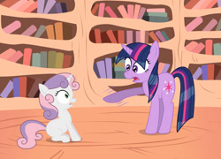Size: 1497x1080 | Tagged: safe, artist:birdco, character:sweetie belle, character:twilight sparkle, character:twilight sparkle (unicorn), species:pony, species:unicorn, female, filly, golden oaks library, pointing, wet, wet mane