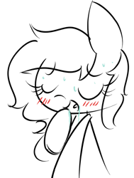 Size: 500x661 | Tagged: safe, artist:thesecretbackdoor, oc, oc only, oc:pencil scratch, species:earth pony, species:pony, blushing, earth pony oc, eyes closed, female, partial color, sweat