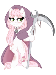 Size: 768x1024 | Tagged: safe, artist:angei-bites, oc, species:earth pony, species:pony, bipedal, cloak, clothing, female, mare, scythe, simple background, solo, transparent background