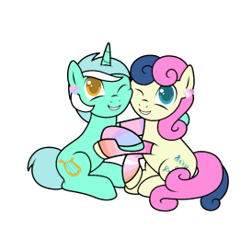 Size: 262x272 | Tagged: safe, artist:icey-wicey-1517, artist:kb-gamerartist, edit, character:bon bon, character:lyra heartstrings, character:sweetie drops, species:earth pony, species:pony, species:unicorn, ship:lyrabon, bisexual pride flag, clothing, collaboration, color edit, colored, ear piercing, earring, female, grin, heart, hug, jewelry, lesbian, lesbian pride flag, mare, one eye closed, piercing, pride, pride flag, raised hoof, shipping, simple background, sitting, smiling, socks, striped socks, transparent background