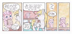 Size: 990x473 | Tagged: safe, artist:lost marbles, character:derpy hooves, character:pinkie pie, species:earth pony, species:pegasus, species:pony, comic:derpy - stripper extraordinaire, comic, comic strip, dialogue, female, traditional art