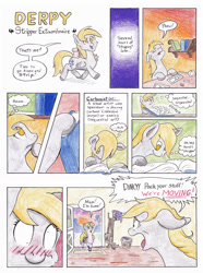 Size: 990x1333 | Tagged: safe, artist:lost marbles, character:derpy hooves, character:dinky hooves, species:pegasus, species:pony, species:unicorn, comic:derpy - stripper extraordinaire, bag, clothing, coat rack, comic, dialogue, dictionary, door, doormat, female, hat, mother and child, mother and daughter, saddle bag, traditional art, trash can, umbrella hat