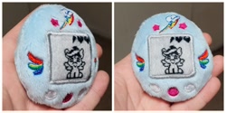 Size: 2048x1024 | Tagged: safe, artist:sew_adorkable, artist:trashkitten-plushies, character:rainbow dash, species:pegasus, species:pony, buttons, hand, irl, photo, plushie, solo, tamagotchi