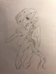Size: 1536x2048 | Tagged: safe, artist:raimugi____, character:fluttershy, species:anthro, alternate hairstyle, blushing, female, floating, flying, from behind, looking back, pencil drawing, sketch, solo, traditional art