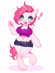 Size: 768x1024 | Tagged: safe, artist:raimugi____, character:pinkie pie, breasts, busty pinkie pie, clothing, cute, diapinkes, digital art, female, heart, semi-anthro, shorts, smiling, solo, tail, top