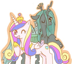 Size: 960x853 | Tagged: safe, artist:rai_ra, character:princess cadance, character:queen chrysalis, species:alicorn, species:changeling, species:pony, g4, ;d, changeling queen, crown, cute, cutealis, cutedance, female, jewelry, one eye closed, regalia, wink