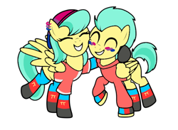 Size: 638x468 | Tagged: safe, artist:icey-wicey-1517, artist:kb-gamerartist, base used, edit, character:barley barrel, character:pickle barrel, species:pegasus, species:pony, g4, alternate hairstyle, barrel twins, beanie, bisexual pride flag, brother and sister, clothing, collaboration, color edit, colored, ear piercing, earring, eyes closed, face paint, female, grin, hat, headcanon, hoodie, hug, jewelry, lgbt headcanon, male, mare, older, older barley barrel, older pickle barrel, piercing, polyamory pride flag, pride, pride flag, raised hoof, raised leg, sexuality headcanon, shirt, siblings, simple background, smiling, socks, stallion, striped socks, t-shirt, thigh highs, transparent background, twins