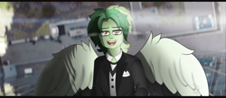 Size: 1422x619 | Tagged: safe, artist:diamondgreenanimat0, species:human, species:pegasus, species:pony, g4, my little pony:equestria girls, amazing, black sclera, brown eyes, clothing, coat, green hair, high hopes, panic! at the disco, scene interpretation, song reference, wings
