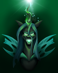 Size: 1600x2000 | Tagged: safe, artist:lordofthefeathers, character:queen chrysalis, species:changeling, g4, bust, changeling queen, female, glowing eyes, glowing horn, glowing mouth, green background, horn, open mouth, portrait, simple background, solo, speedpaint available, spread wings, wings