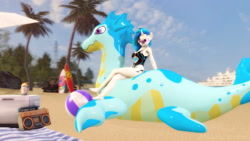 Size: 1920x1080 | Tagged: safe, artist:gr-vinyl-scratch, character:dj pon-3, character:vinyl scratch, species:anthro, species:pony, species:unicorn, g4, 3d, beach, beach ball, beach blanket, clothing, cooler, female, inflatable, inflatable toy, jeep, mare, one-piece swimsuit, palm tree, pool toy, puffypaws, radio, seadragon, sfm pony, source filmmaker, surfboard, swimsuit, tree