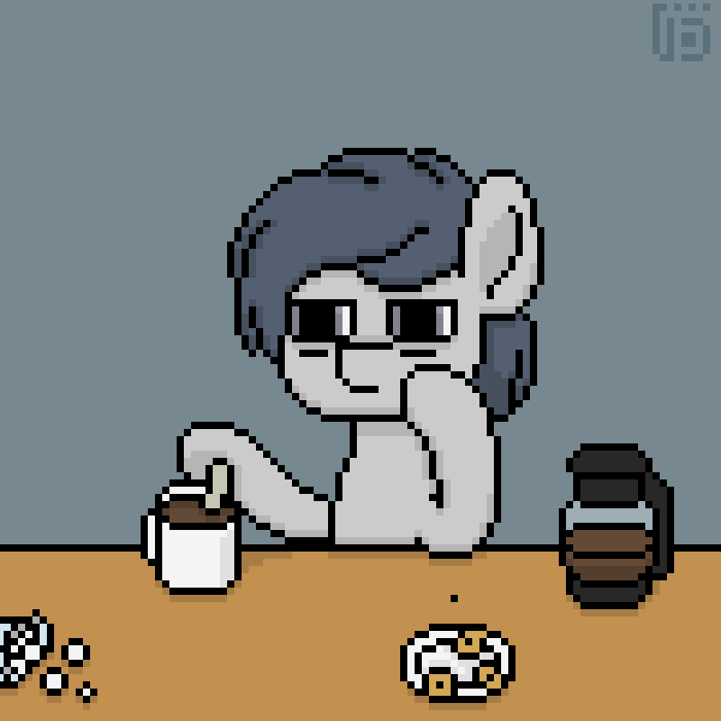 Size: 800x800 | Tagged: safe, artist:vohd, oc, oc:sleepy goodnight, species:earth pony, species:pony, g4, animated, coffee, cookie, cup, fly, food, frame by frame, insect, pixel art, sleepy, solo, sugarcube
