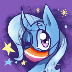 Size: 482x484 | Tagged: safe, artist:kaywhitt, character:trixie, species:pony, species:unicorn, g4, commission, coronavirus, covid-19, curved horn, face mask, female, horn, lesbian pride flag, mare, mask, one eye closed, pride, pride flag, solo, stars, trans female, trans trixie, transgender, transgender pride flag, wink, ych result