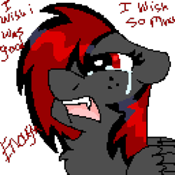 Size: 1024x1024 | Tagged: safe, artist:dicemarensfw, oc, oc:dicemare, species:pegasus, species:pony, g4, bad, crying, depressed, dialogue, digital, digital art, eye lashes, fangs, female, folded wings, freckles, long hair, long mane, mare, open mouth, pegasus oc, photo, pixel art, sad, sadness, shading, simple background, solo, teeth, text, transparent background, vent art, venting, wings