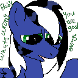 Size: 1024x1024 | Tagged: safe, artist:dicemarensfw, oc, oc:buffonsmash, species:pegasus, species:pony, g4, bad, depressed, dialogue, digital, digital art, fangs, folded wings, freckles, long hair, long mane, male, open mouth, pegasus oc, photo, pixel art, sad, sadness, shading, simple background, solo, stallion, text, transparent background, vent art, venting, wings