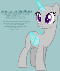 Size: 725x857 | Tagged: safe, artist:shiibases, oc, species:alicorn, species:pony, episode:simple ways, g4, my little pony: friendship is magic, alicorn oc, bald, base, blue background, female, grin, horn, looking back, mare, simple background, smiling, solo, wings