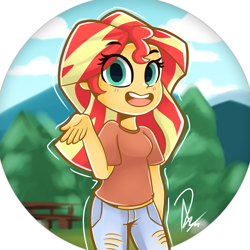 Size: 2000x2000 | Tagged: safe, artist:rivin177, character:sunset shimmer, species:eqg human, g4, my little pony:equestria girls, clothing, cute, female, high res, jeans, looking at you, open mouth, pants, ripped jeans, shimmerbetes, smiling, solo