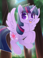 Size: 2800x3800 | Tagged: safe, artist:rivin177, character:twilight sparkle, character:twilight sparkle (alicorn), species:alicorn, species:pony, g4, blep, colored pupils, cute, female, flying, forest, high res, solo, spread wings, tongue out, twiabetes, wings