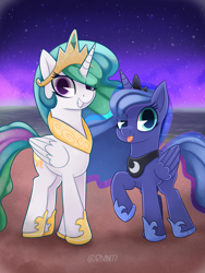 Size: 2800x3733 | Tagged: safe, artist:rivin177, character:princess celestia, character:princess luna, species:alicorn, species:pony, g4, beach, blep, colored pupils, cute, duo, female, high res, looking at you, mare, night, royal sisters, sisters, sky, smiling, stars, tongue out