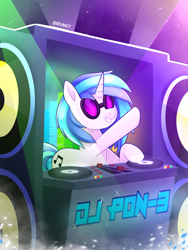 Size: 2800x3733 | Tagged: safe, artist:rivin177, character:dj pon-3, character:vinyl scratch, species:pony, species:unicorn, g4, dj booth, female, high res, loudspeaker, mare, rave, smiling, solo, turntable