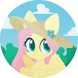 Size: 4000x4000 | Tagged: safe, artist:belka-sempai, character:fluttershy, species:pegasus, species:pony, g4, absurd resolution, chest fluff, clothing, cloud, cute, female, flower, hat, leg fluff, mare, shyabetes, sky, solo, sun hat