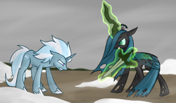 Size: 1200x700 | Tagged: safe, artist:xwreathofroses, character:queen chrysalis, oc, oc:ice storm, species:changeling, species:pony, species:unicorn, g4, changeling queen, confrontation, female, horn, snow, sword, unicorn oc, weapon