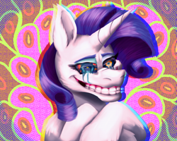 Size: 2000x1600 | Tagged: safe, artist:lordofthefeathers, character:rarity, species:pony, species:unicorn, g4, creepy, creepy grin, crying, female, grin, nightmare fuel, smiling, solo, surreal
