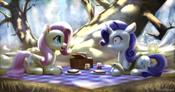 Size: 1631x856 | Tagged: safe, artist:robsa990, character:fluttershy, character:rarity, species:pegasus, species:pony, species:unicorn, g4, basket, bread, duo, ear fluff, female, food, lying down, mare, ophidiophobia, picnic, picnic basket, picnic blanket, profile, prone, shocked, snake, snek, terrified