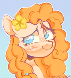 Size: 967x1057 | Tagged: safe, artist:occultusion, character:pear butter, species:earth pony, species:pony, g4, blue background, blushing, cute, female, flower, flower in hair, mare, pearabetes, simple background, solo
