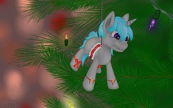 Size: 800x500 | Tagged: safe, artist:bigbidoof, oc, oc only, oc:lucent, species:pony, species:unicorn, g4, bow, christmas, christmas tree, digital art, harness, holiday, horn, male, solo, stallion, suspended, tack, tail, tree