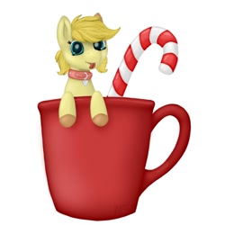 Size: 800x800 | Tagged: safe, artist:bigbidoof, oc, oc only, species:earth pony, species:pony, g4, blep, candy, candy cane, collar, digital art, female, food, looking at you, mare, mug, simple background, solo, tongue out, white background