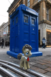 Size: 2000x3000 | Tagged: safe, artist:steam-loco, character:doctor whooves, character:time turner, species:earth pony, species:pony, g4, crossover, doctor who, funko, glasgow, irl, photo, photography, solo, tardis, the doctor, toy