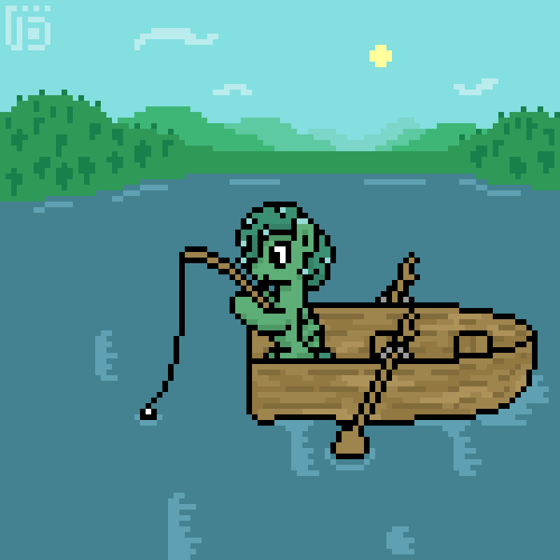 Size: 800x800 | Tagged: safe, artist:vohd, oc, oc only, oc:shindy oozrein, species:pegasus, species:pony, g4, animated, boat, fishing, fishing rod, forest, frame by frame, lake, oars, outdoors, pixel art, sun, tree