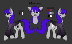 Size: 2583x1590 | Tagged: safe, artist:vaiola, oc, oc only, oc:manami, species:earth pony, species:pony, g4, clothing, cutie mark, ear piercing, earring, female, haori, heterochromia, jewelry, long mane, long tail, mare, piercing, reference sheet, simple background, solo