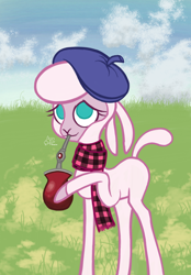 Size: 2044x2936 | Tagged: safe, artist:theratedrshimmer, community related, character:pom lamb, species:sheep, them's fightin' herds, g4, argentina, beret, clothing, cute, drinking, female, grass, hat, mate, meme, ponified meme, scarf, solo, straw, straw in mouth, yerba mate