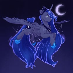 Size: 1600x1600 | Tagged: safe, artist:hollybright, character:princess luna, species:alicorn, species:pony, g4, constellation, crescent moon, crown, female, hoof shoes, jewelry, mare, moon, night, profile, regalia, solo, spread wings, wings