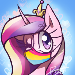 Size: 482x484 | Tagged: safe, artist:kaywhitt, character:princess cadance, species:alicorn, species:pony, g4, blue background, commission, coronavirus, covid-19, crown, face mask, female, heart, jewelry, mare, mask, one eye closed, pansexual, pansexual pride flag, pride, pride flag, regalia, simple background, solo, wink, ych result