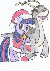 Size: 909x1280 | Tagged: safe, artist:cybertronianbrony, character:twilight sparkle, character:twilight sparkle (unicorn), species:pony, species:unicorn, g4, apatosaurus, christmas, crossover, cute, dinosaur, don bluth, duo, duo male and female, female, holiday, littlefoot, male, mare, simple background, the land before time, traditional art, twiabetes, white background