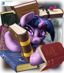 Size: 2700x3100 | Tagged: safe, artist:awalex, character:twilight sparkle, character:twilight sparkle (unicorn), species:pony, species:unicorn, g4, adorkable, book, cute, dork, female, harry potter, harry potter and the chamber of secrets, high res, mare, smiling, solo, that pony sure does love books, the elder scrolls, the lusty argonian maid, tom and jerry, twiabetes