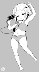 Size: 736x1356 | Tagged: safe, artist:born-to-die, character:sunny flare, g4, my little pony:equestria girls, belly button, cellphone, clothing, eyes closed, female, headphones, listening to music, monochrome, phone, short hair, shorts, sketch