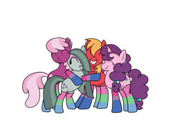 Size: 1600x1200 | Tagged: safe, artist:icey-wicey-1517, artist:kb-gamerartist, edit, character:big mcintosh, character:cheerilee, character:marble pie, character:sugar belle, species:earth pony, species:pony, species:unicorn, ship:cheerimac, ship:marbelle, ship:marbilee, ship:marblemac, ship:sugarlee, ship:sugarmac, ship:sugarmarilee, g4, big macintosh gets all the mares, bipedal, bisexual, bisexual pride flag, cheerimarblemac, clothing, collaboration, color edit, colored, ear piercing, earring, eyes closed, eyeshadow, female, grin, harem, herd, hug, jewelry, lesbian, makeup, male, marblesugarmac, mare, piercing, polyamory, polysexual, polysexual pride flag, pride, pride flag, raised hoof, shipping, simple background, smiling, socks, stallion, straight, striped socks, sugarmaclee, transparent background