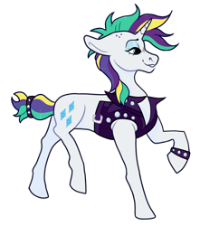 Size: 1000x1131 | Tagged: safe, artist:malphym, character:rarity, species:pony, species:unicorn, g4, alternate hairstyle, clothing, eyeshadow, female, grin, jacket, leather jacket, makeup, mare, punk, punkity, raised hoof, raised leg, simple background, smiling, solo, spiked wristband, transparent background, wristband
