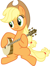 Size: 6869x9000 | Tagged: safe, artist:korsoo, character:applejack, species:earth pony, species:pony, episode:pinkie apple pie, g4, my little pony: friendship is magic, applejack's hat, banjo, clothing, cowboy hat, cute, female, happy, hat, jackabetes, mare, musical instrument, playing instrument, simple background, sitting, smiling, solo, transparent background, vector