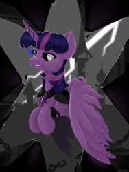 Size: 900x1200 | Tagged: safe, alternate version, artist:qzygugu, character:twilight sparkle, character:twilight sparkle (alicorn), species:alicorn, species:pony, g4, alternate universe, chains, clothing, corrupted, corrupted twilight sparkle, crying, dark, dark equestria, dark magic, dark queen, dark twilight, dark twilight sparkle, dark world, darklight, darklight sparkle, evil twilight, female, jewelry, magic, mare, necklace, possessed, queen twilight, queen twilight sparkle, solo, sombra empire, sombra eyes, twilight is anakin, tyrant sparkle