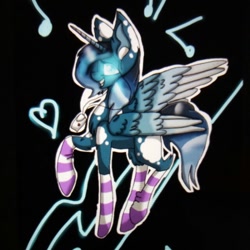 Size: 640x640 | Tagged: safe, artist:ellis_sunset, oc, oc only, species:alicorn, species:pony, g4, alicorn oc, clothing, glowing eyes, grin, horn, smiling, socks, solo, striped socks, wings