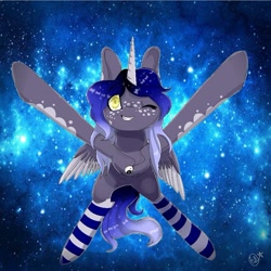 Size: 875x875 | Tagged: safe, artist:ellis_sunset, oc, oc only, species:alicorn, species:pony, g4, alicorn oc, clothing, flying, freckles, horn, jewelry, necklace, one eye closed, signature, socks, solo, space, stars, striped socks, two toned wings, wings, wink, yin-yang