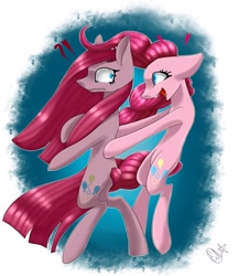 Size: 1866x2160 | Tagged: safe, artist:ellis_sunset, character:pinkamena diane pie, character:pinkie pie, species:earth pony, species:pony, g4, bipedal, duality, exclamation point, female, interrobang, mare, open mouth, ponidox, question mark, self ponidox, signature, smiling, surprised, translation request