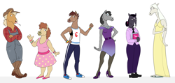 Size: 3968x1888 | Tagged: safe, artist:varwing, character:applejack, character:fluttershy, character:pinkie pie, character:rainbow dash, character:rarity, character:twilight sparkle, species:anthro, species:pony, g4, blouse, bojack horseman, boots, clothing, converse, cowboy hat, crossover, dress, female, hat, hoers, horse, jewelry, mane six, mare, overalls, redesign, shirt, shoes, sports bra, style emulation, tallershy, tank top