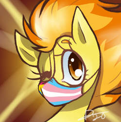 Size: 482x484 | Tagged: safe, artist:kaywhitt, character:spitfire, species:pegasus, species:pony, g4, commission, coronavirus, covid-19, face mask, female, jewelry, mare, mask, one eye closed, pansexual pride flag, pride, pride flag, solo, trans female, transgender, transgender pride flag, wink, ych result