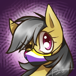 Size: 482x484 | Tagged: safe, artist:kaywhitt, character:daring do, species:pegasus, species:pony, g4, bisexual pride flag, commission, coronavirus, covid-19, face mask, female, jewelry, mask, nonbinary, nonbinary pride flag, one eye closed, pride, pride flag, solo, wink, ych result
